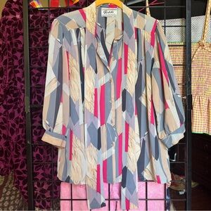 VTG - Teddi of California Women's Geometric Blouse - Gray, Cream, Pink